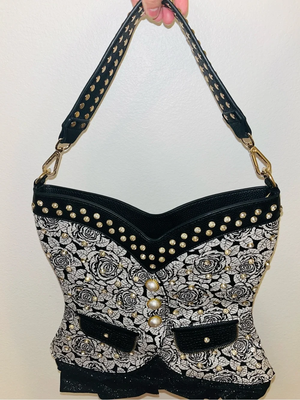Black & White Rose Studded Corset-Style Shoulder Bag - Picture 3 of 13